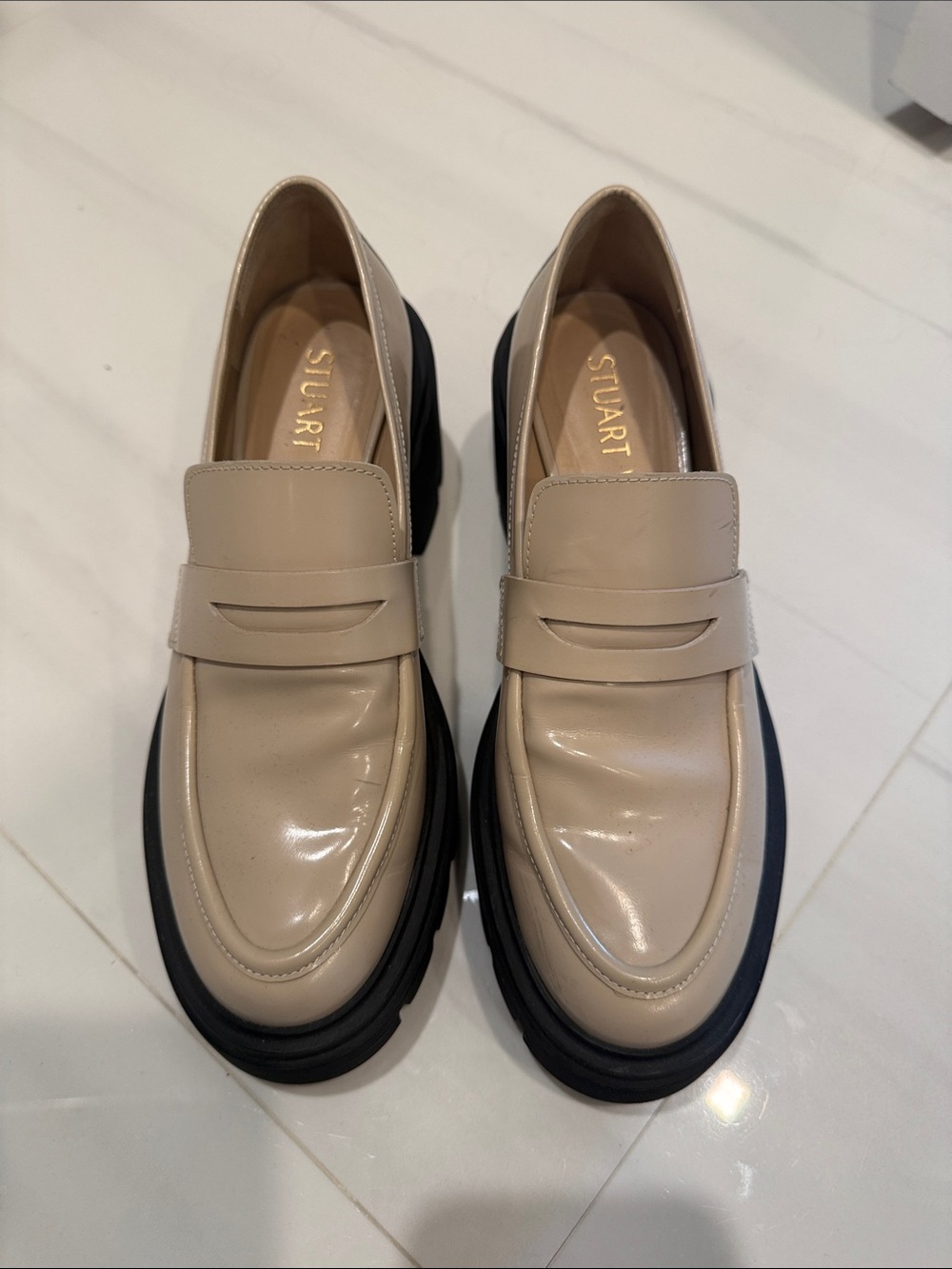 Stuart Weitzman Beige Leather Loafers with Chunky Black Lug Sole